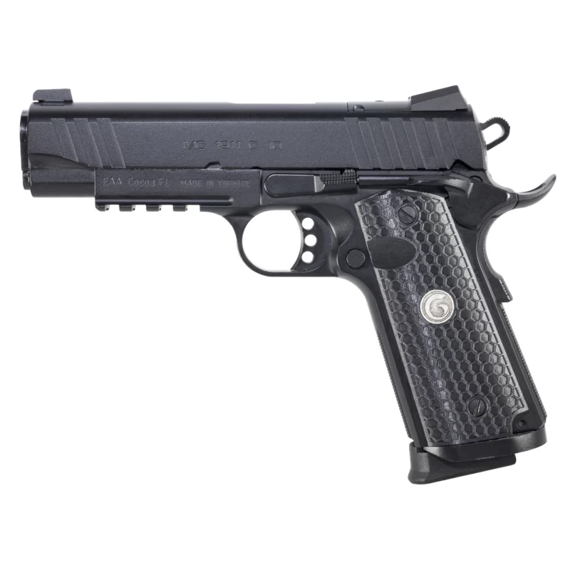 EAA Influencer Officer 1911 9mm 3.4in Black Cerakote pistol right-side view