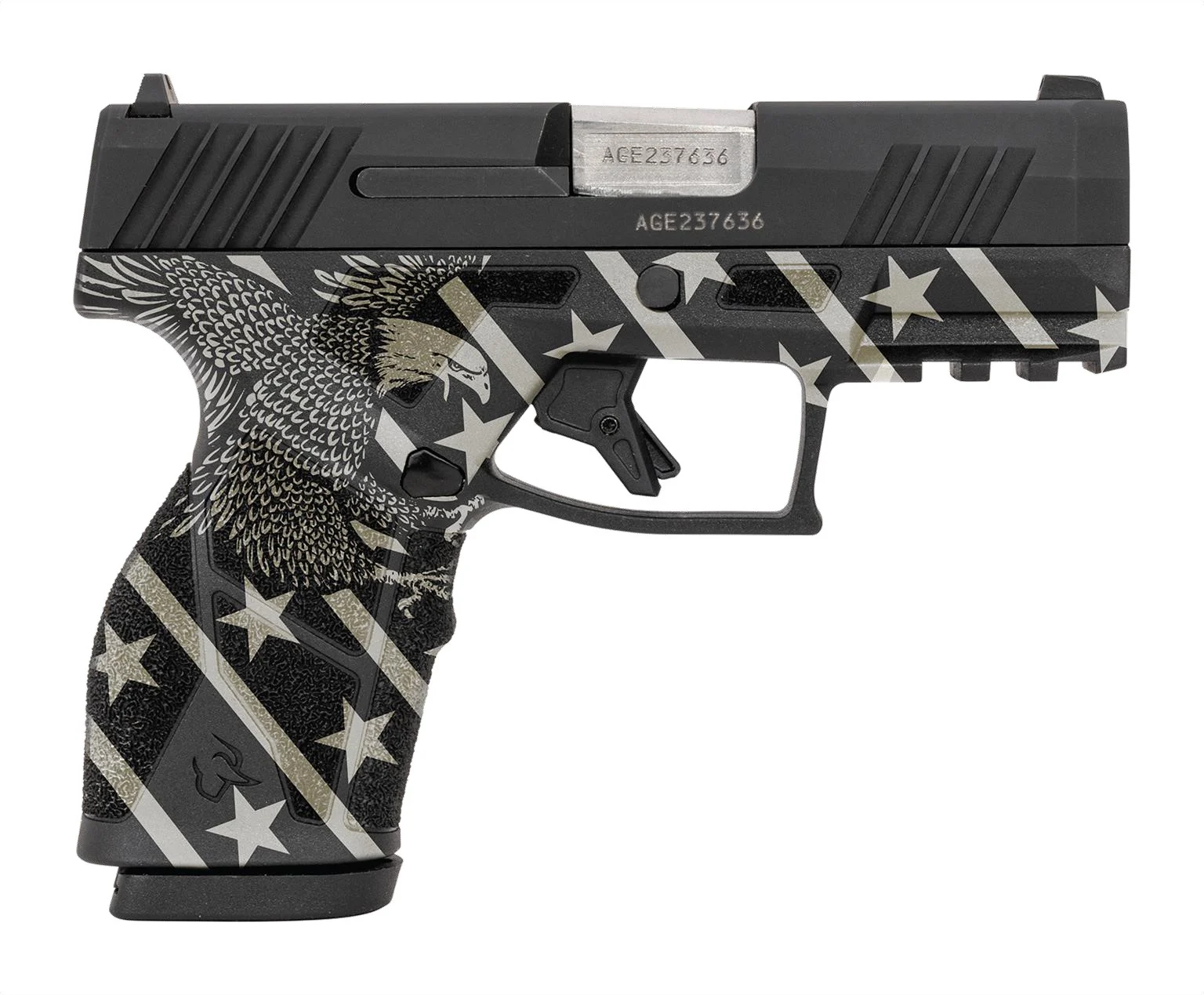 Taurus GX2 9mm 3.38in compact pistol with eagle engraved black polymer grip and matte black slide