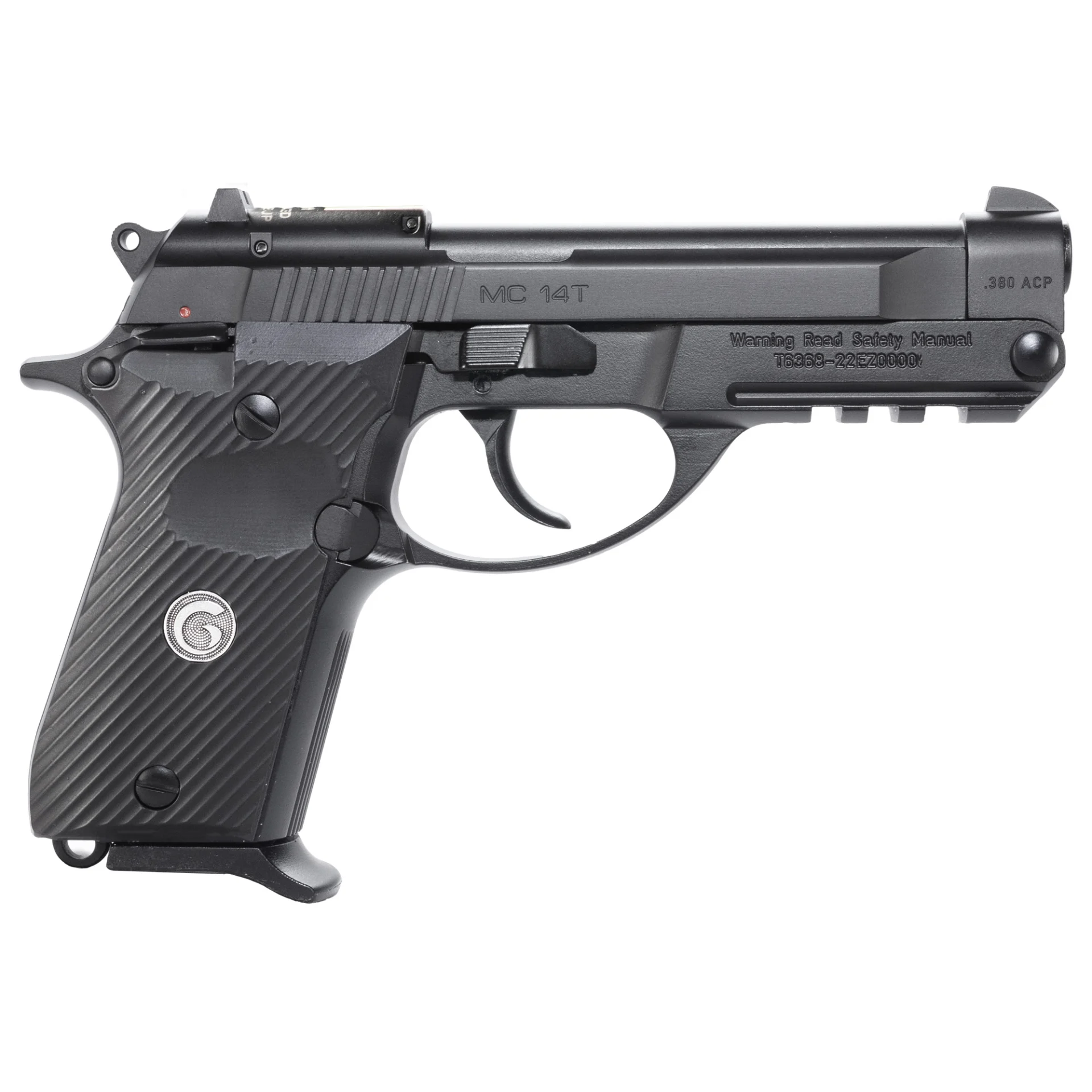 EAA Girsan MC14T .380 ACP black tip-up pistol side view with 3-dot sights