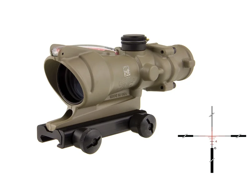 Trijicon ACOG 4x32 FDE BAC Red scope with dual-illuminated red crosshair reticle