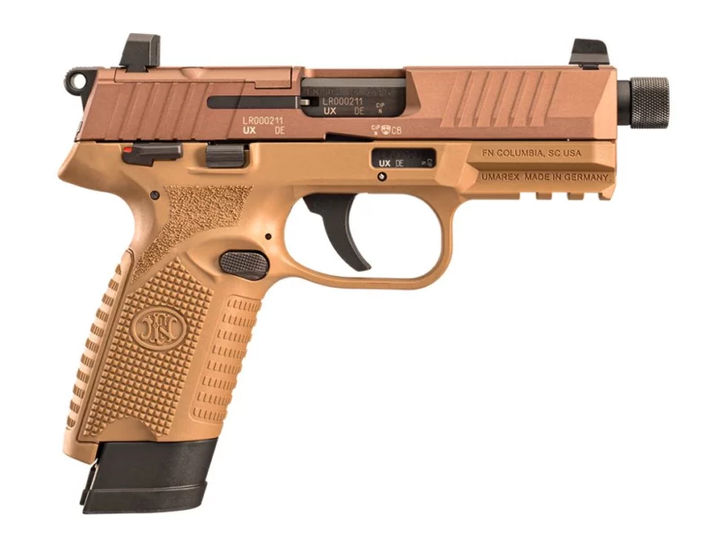 FN 502 Tactical .22 LR 4.6in FDE pistol, optics-ready slide, threaded barrel