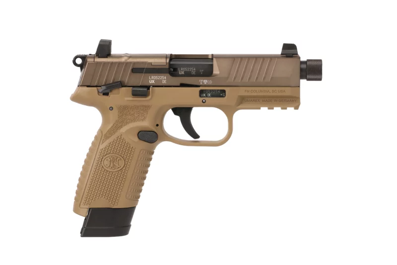 FN 502 Tactical .22 LR Flat Dark Earth pistol with 4.6in threaded barrel and optics-ready slide