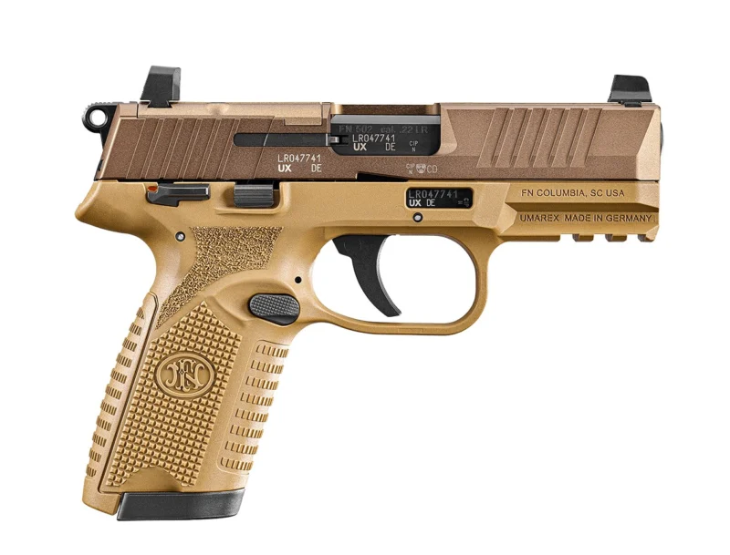 FN 502 MRD .22 LR 4" FDE pistol, front view