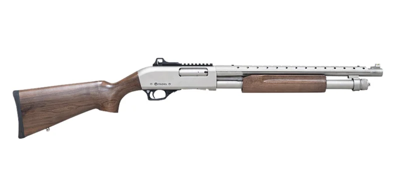 Citadel Mariner 20 Gauge pump shotgun, nickel finish, walnut stock, 18.5 inch barrel