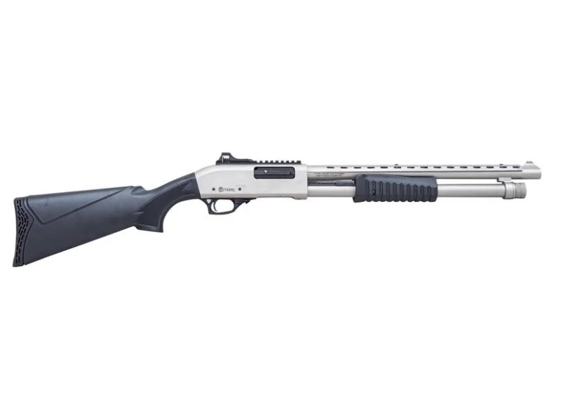 Citadel Mariner 20 Gauge pump shotgun, nickel finish, black synthetic stock, 18.5 in barrel