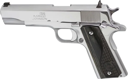 Iver Johnson 1911A1 .38 Super 5-inch chrome pistol with black wood grips