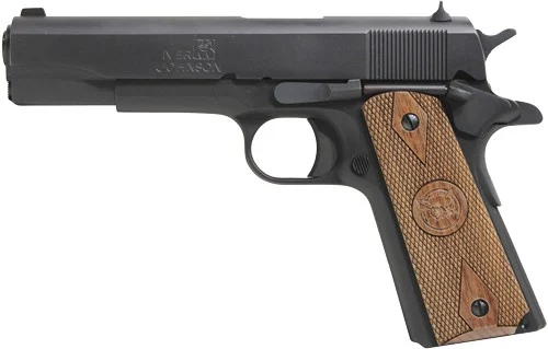 Iver Johnson 1911A1 9mm 5-inch Matte Blued with Checkered Double Diamond Walnut grips