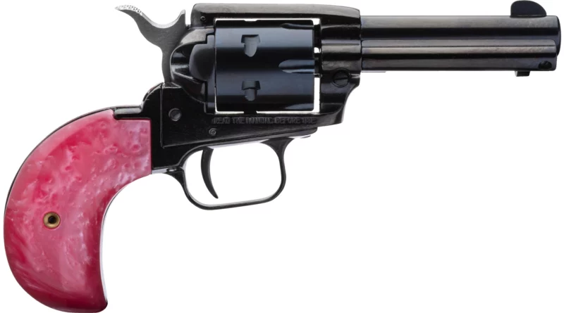 Heritage Rough Rider revolver with black finish and pink pearl bird head grip, 6-shot cylinder