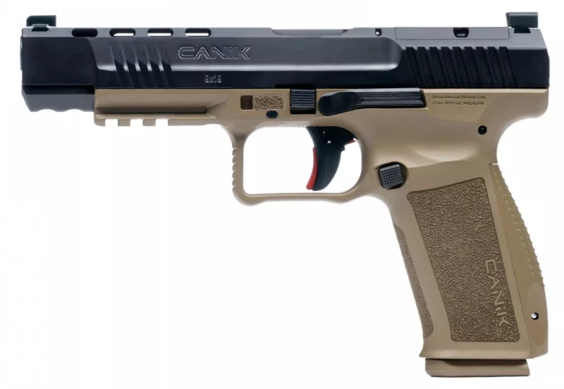 Canik METE SFx 9mm pistol with black Cerakote slide and FDE polymer frame, 5.2 inch barrel