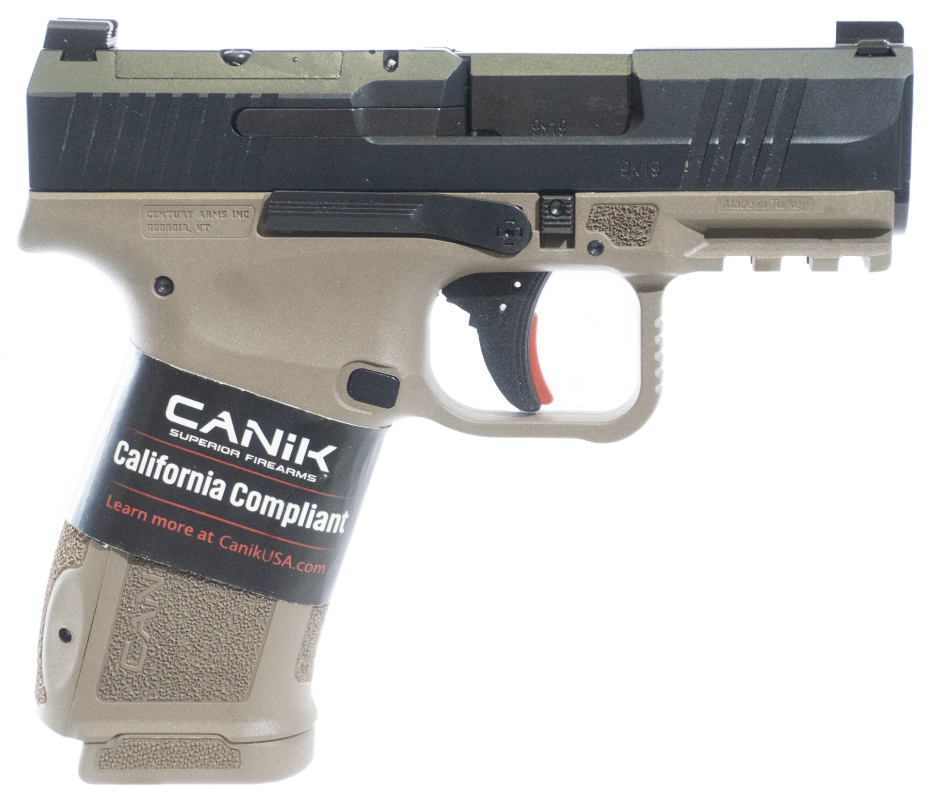 Canik Mete MC9L 9mm pistol with black steel slide and flat dark earth polymer frame, 3.18 in barrel