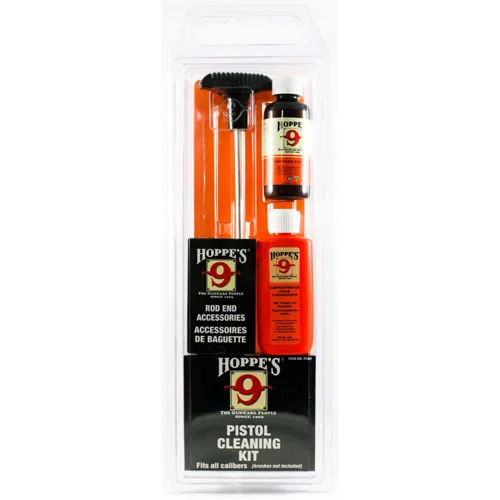 Hoppes pistol cleaning kit with No. 9 solvent, lubricating oil, patches and aluminum cleaning rod