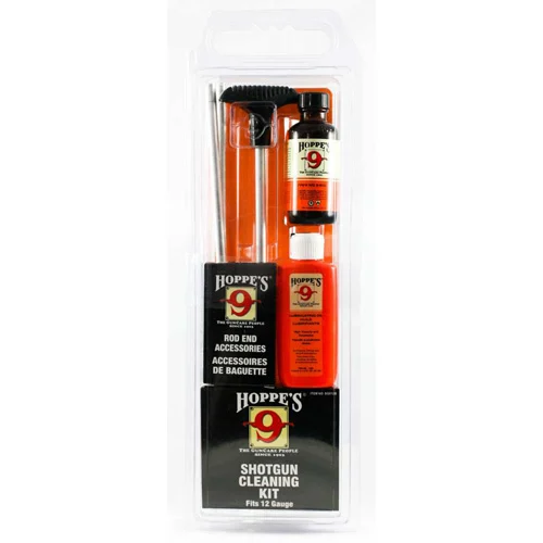 Hoppe's 12 Gauge clamshell shotgun cleaning kit with rod, solvent, oil, patches, and bronze brush