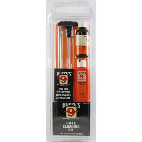 Hoppe's rifle cleaning kit with No. 9 solvent, lubricating oil, aluminum rod, patches and bronze brush for .270/.280/.284/7mm