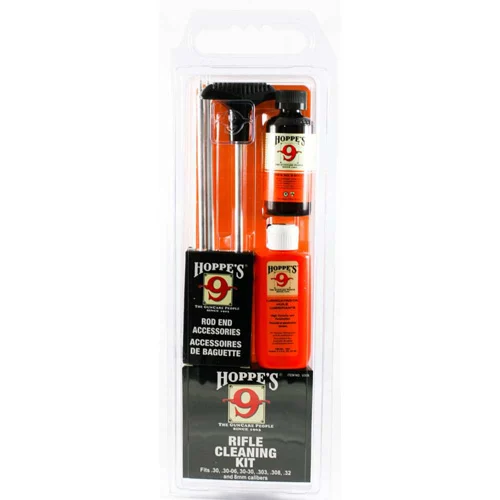 Hoppes U30B rifle cleaning kit clamshell with aluminum rod, No. 9 solvent, oil, patches, and brush