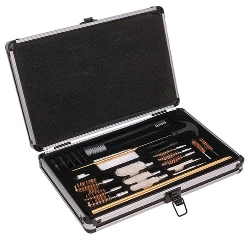 Outers 28-piece universal aluminum gun cleaning kit in latched case with cleaning rods and brushes