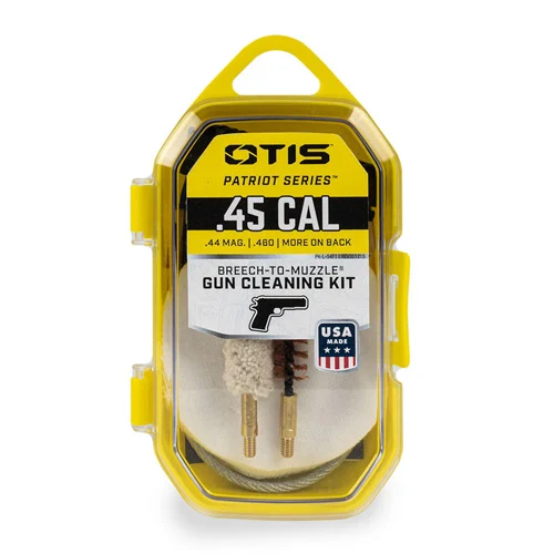 Otis Patriot Series .45 Cal pistol cleaning kit in yellow molded plastic case