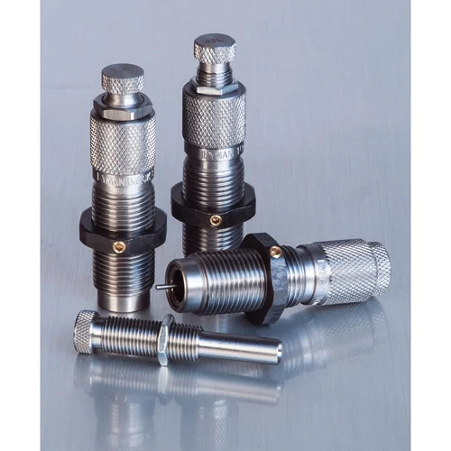 Lyman Premium Carbide 3-die set for .380 Auto showing carbide sizing die and decapping rod