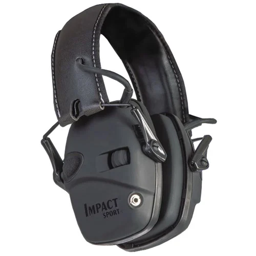 Howard Leight Impact Sport electronic earmuffs in black with padded headband folded
