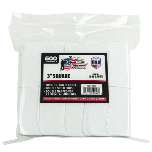 Pro-Shot 3-inch square 100% cotton flannel cleaning patches 500 count for 12-16 gauge