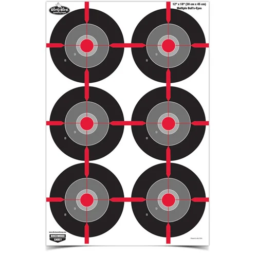 Birchwood Casey Dirty Bird 12x18 multiple bullseye paper targets 8 pack showing red bullseye and white splatter