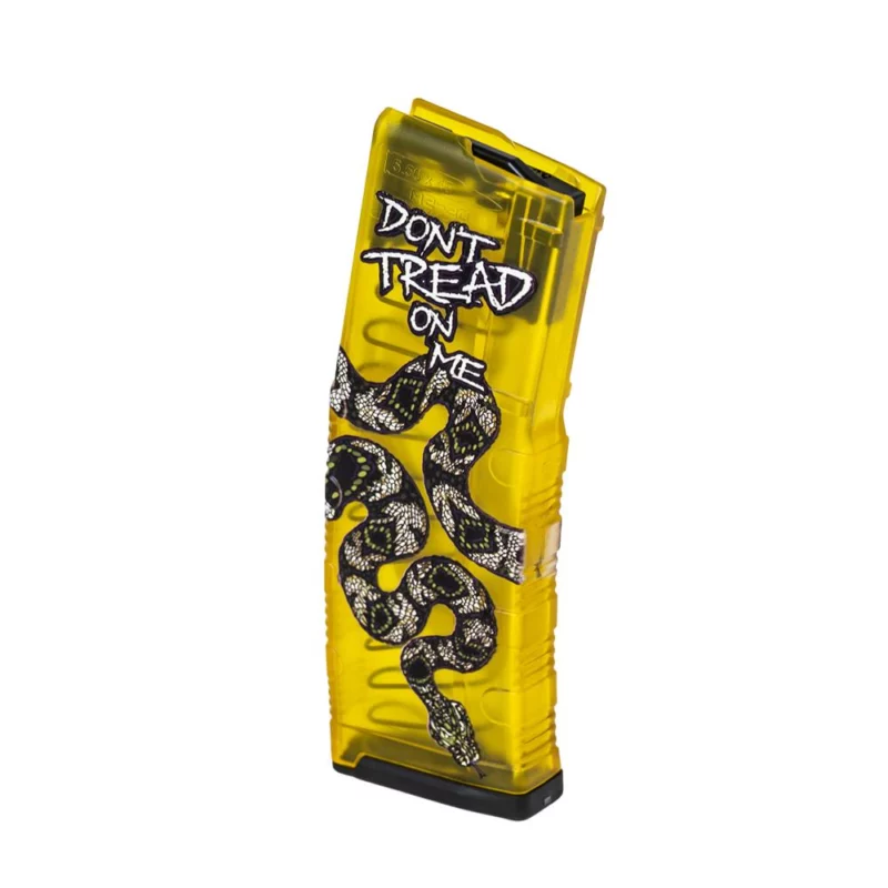 Amend2 MOD-C 30rd translucent yellow AR-15 magazine with Don't Tread On Me graphic