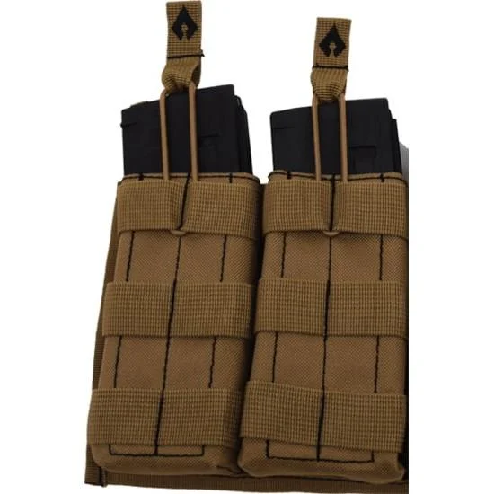 Advance Warrior Solutions tan open-top double magazine pouch with MOLLE web backing