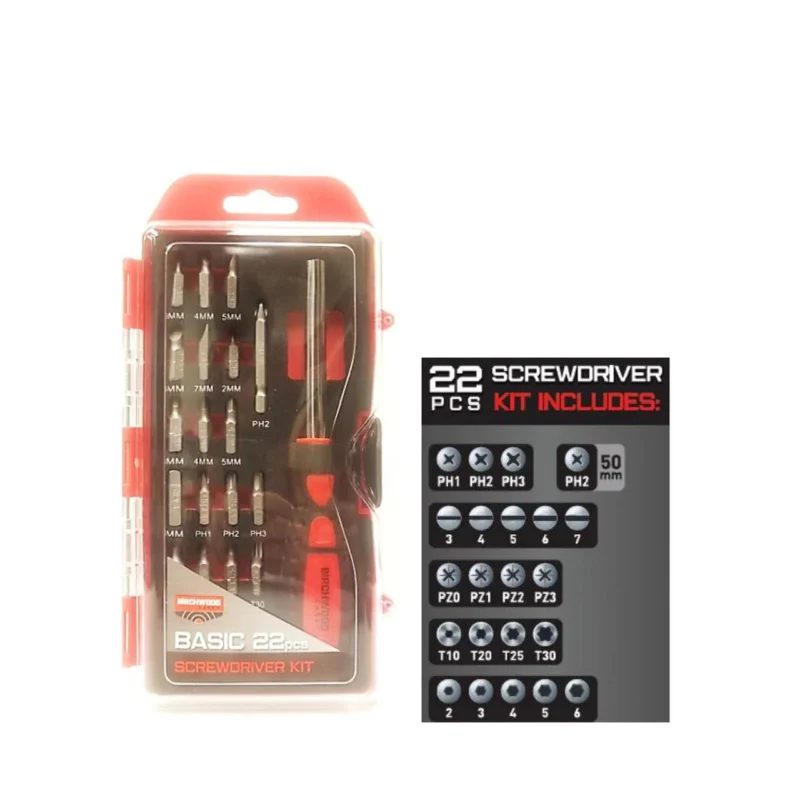 Birchwood Casey 22-piece screwdriver set with slotted, Phillips, Torx and hex bits in plastic case
