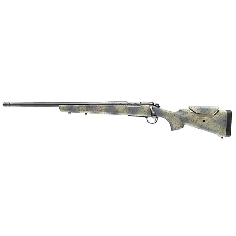 Bergara B-14 Sierra Wilderness left-hand bolt-action rifle in wilderness camo with threaded fluted barrel and Omni muzzle bra