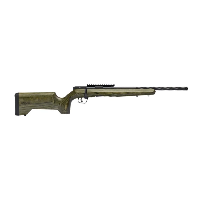 Savage B22 Timber Tactical .22 LR rifle with 18-inch spiral-fluted threaded barrel and OD green laminate stock