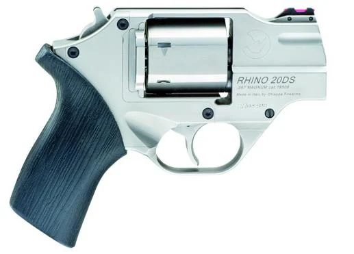 Chiappa Rhino 200DS .357 Magnum 2in nickel revolver with black rubber grip and fiber-optic front sight