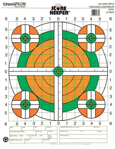 Champion Scorekeeper fluorescent orange and green bull target pack, 100 count, for 100 yd rifle sight-in