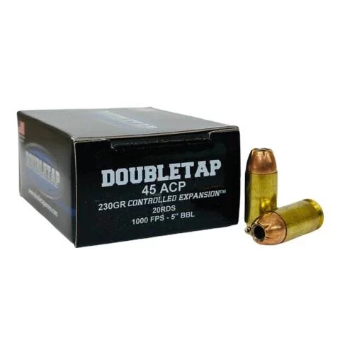 Double Tap .45 ACP 230 gr JHP ammunition box, 20 rounds