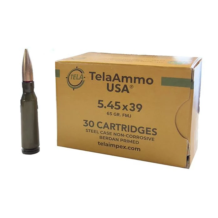 Wolf TelaAmmo 5.45x39 65gr FMJ rifle ammunition box and cartridges