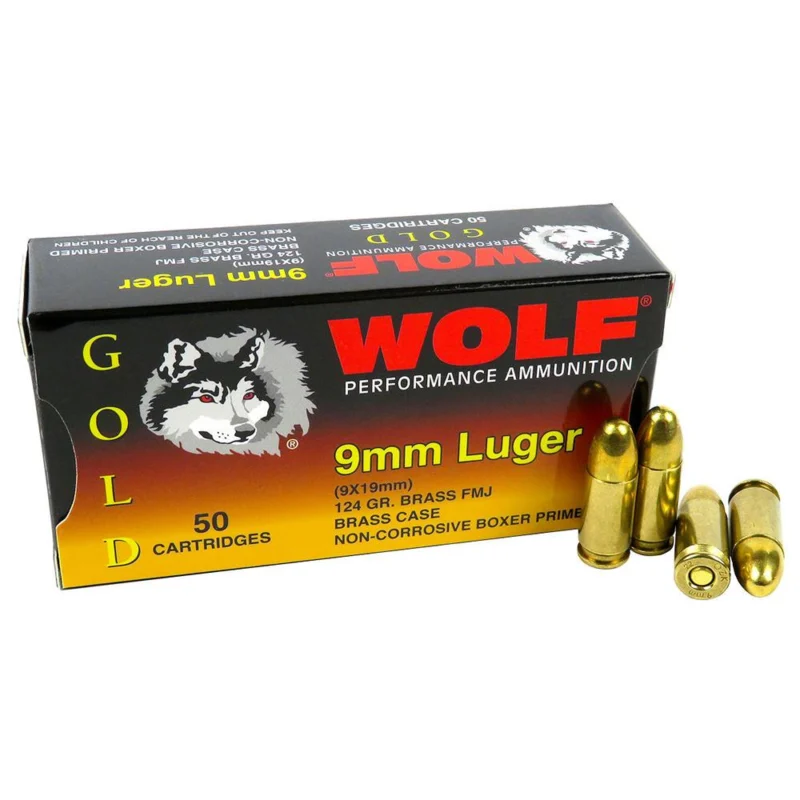 Wolf Gold 9mm Luger 124gr FMJ handgun ammunition 50-count box