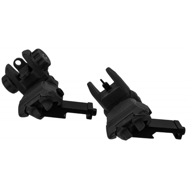 TacFire AR-15 45 degree low profile pop-up sights in black polymer, front and rear view