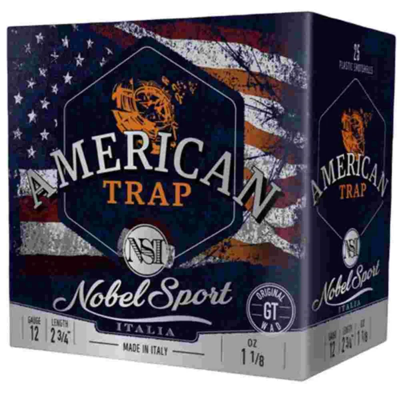 Nobel Sport NSI Target Trap 12 Gauge 2-3/4 inch 1-1/8 oz #8 shotshell box