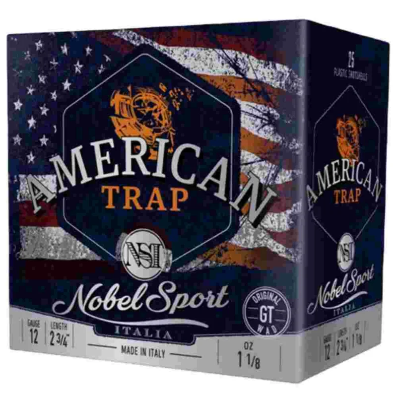 Nobel NSI American Trap 12 ga 2-3/4" 1-1/8 oz #8 shotshell box (25 rounds)