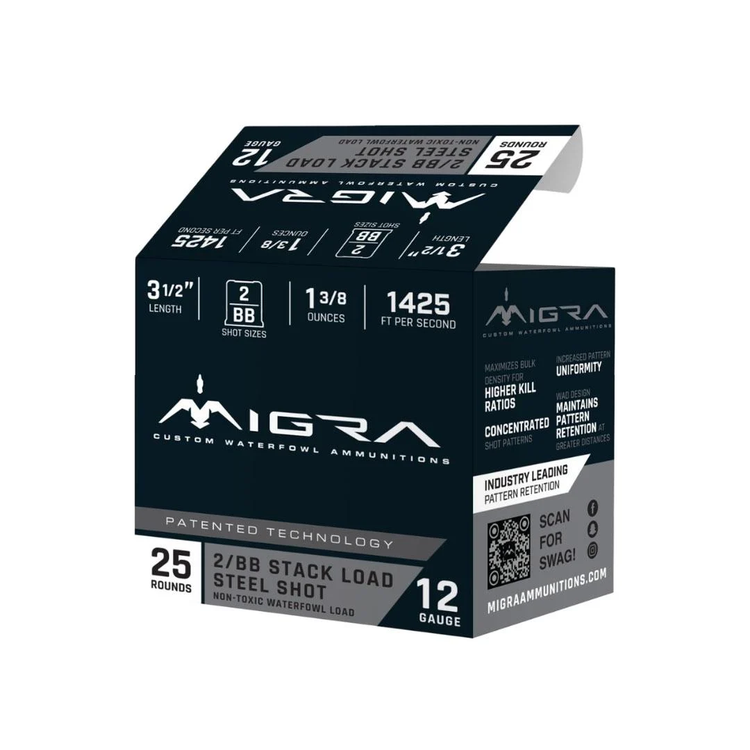 Migra Ammunition 12ga 3.5" Stacked Steel Waterfowl Shotshells box, 25 rounds