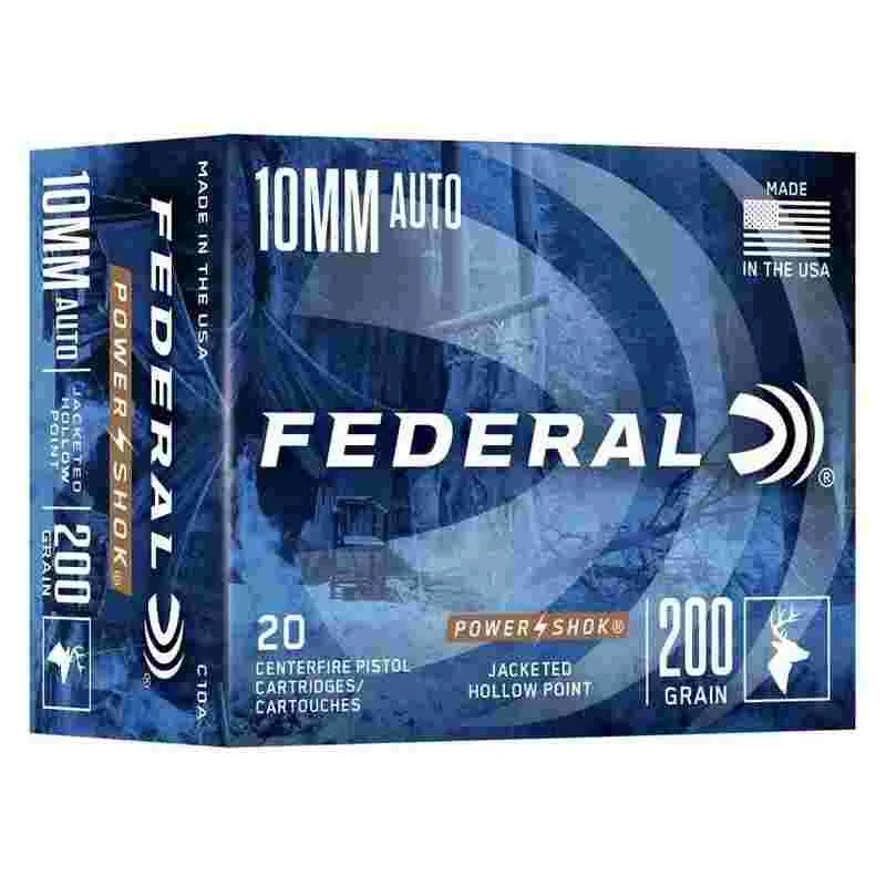 Federal Power-Shok 10mm Auto 200 gr JHP ammunition box and rounds