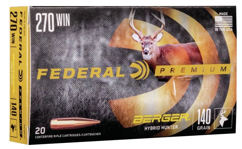 Box of Federal Premium .270 Winchester 140 gr Berger Hybrid Hunter rifle ammunition, 20 rounds