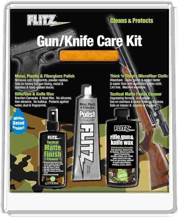 Flitz Gun & Knife Care Kit with three 1.7oz Flitz products and 16" x 16" microfiber cloth