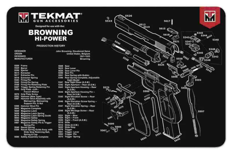TekMat Browning Hi-Power 11x17 neoprene gun cleaning mat with printed exploded diagram