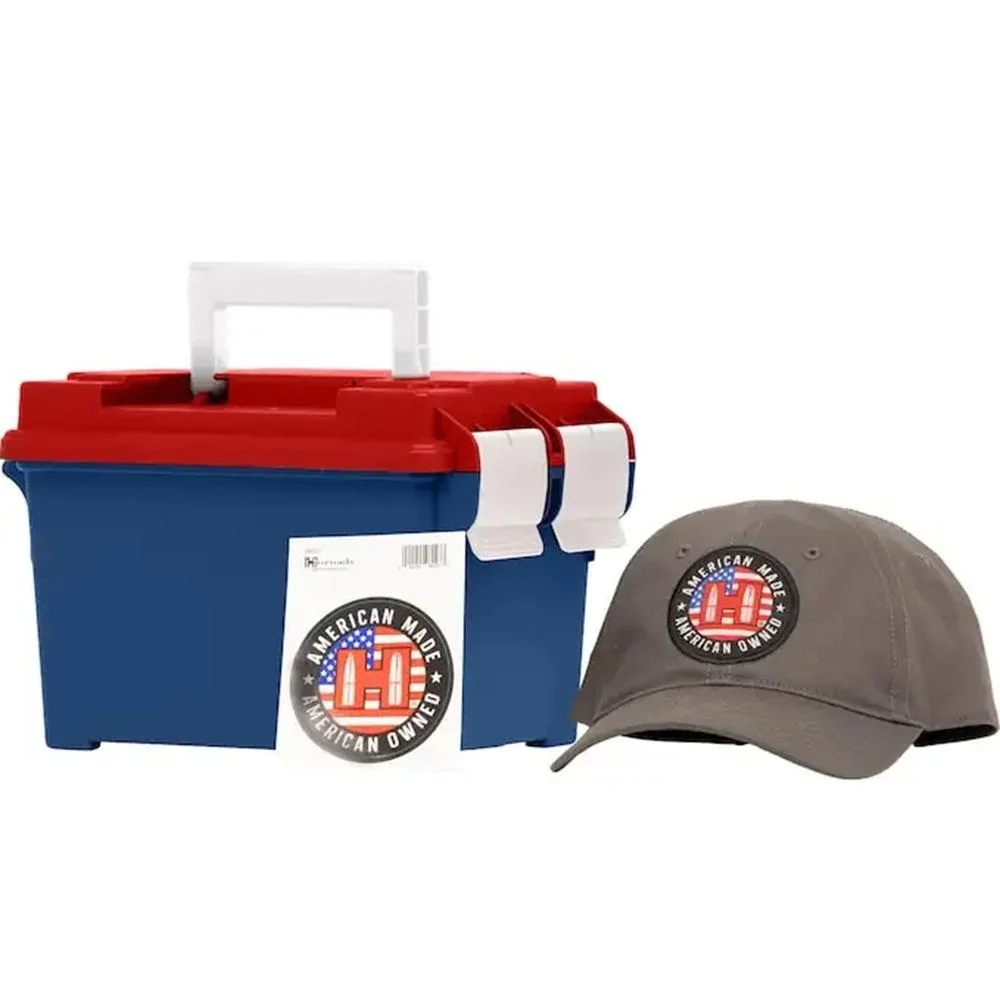 Hornady American Gunner 6.5mm Creedmoor 140gr BTHP 250rd ammo can with hat and sticker