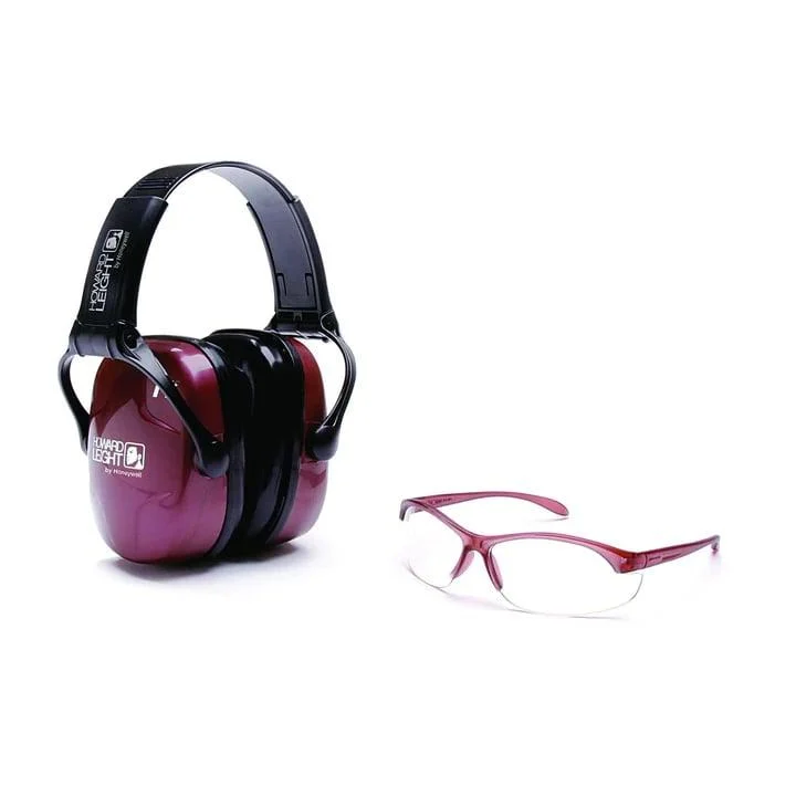 Howard Leight women's dusty rose earmuff and clear-lens shooting glasses kit