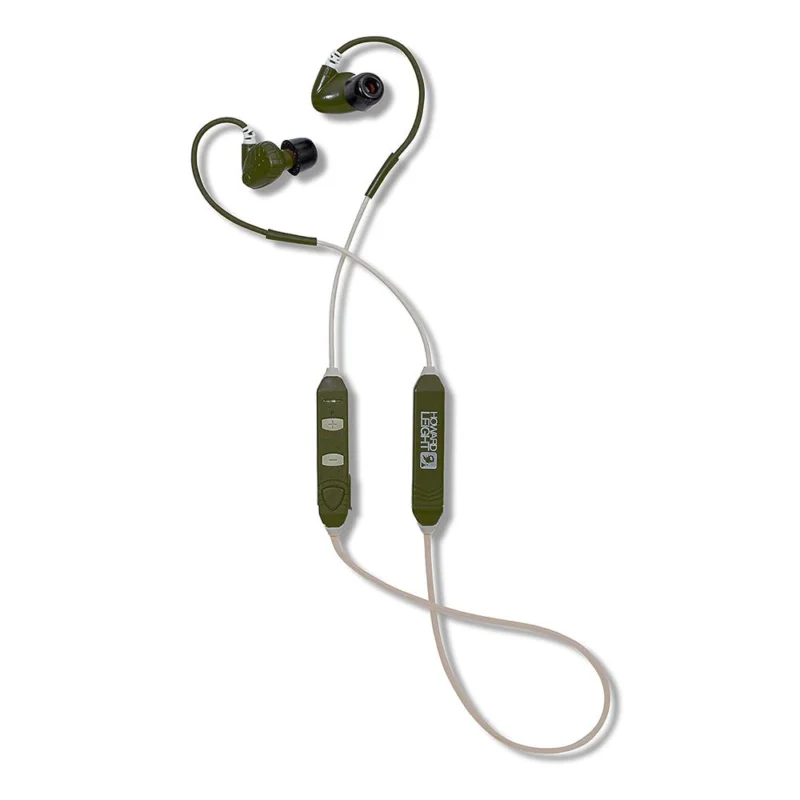 Howard Leight Impact Sport in-ear hearing protectors, olive drab, with earhooks and charging cable