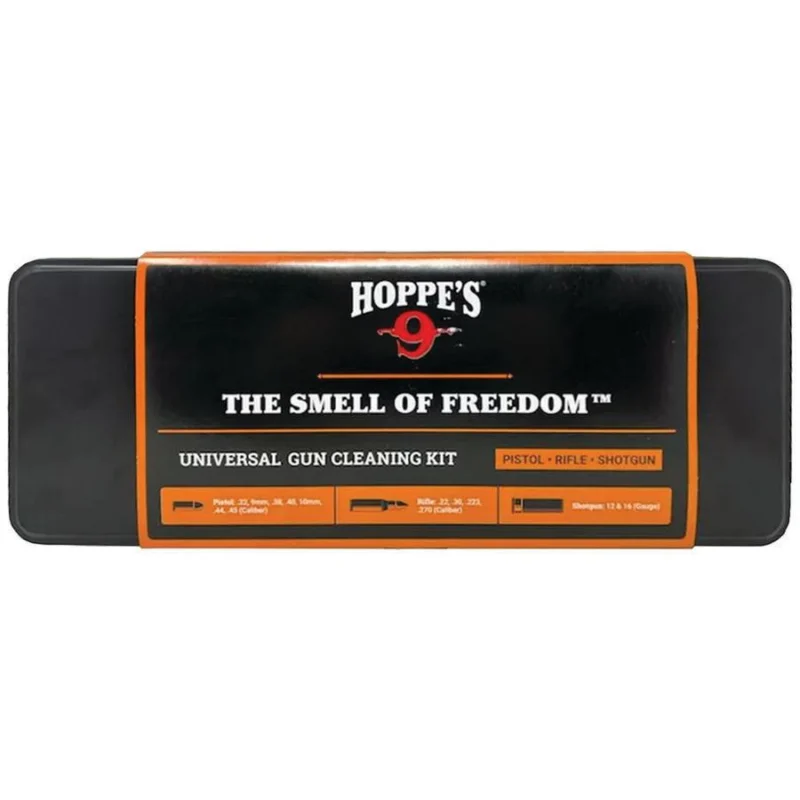 Hoppe's Universal Gun Cleaning Kit tin contents: No. 9 cleaner, oil, aluminum rod, brushes, jags and shotgun adapter