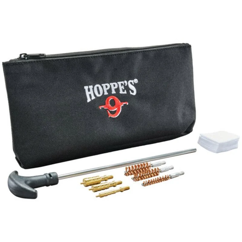 Hoppe's dry soft-sided pistol cleaning kit with bag, rod, bronze brushes, brass jags, and patches