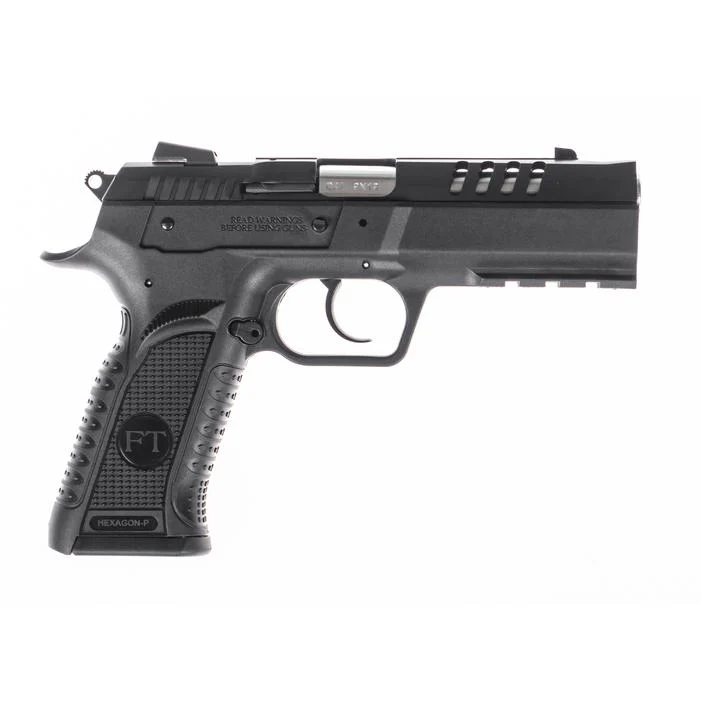 Tanfoglio Hexagon P 9mm handgun with 4.45 inch compensated barrel, black polymer frame