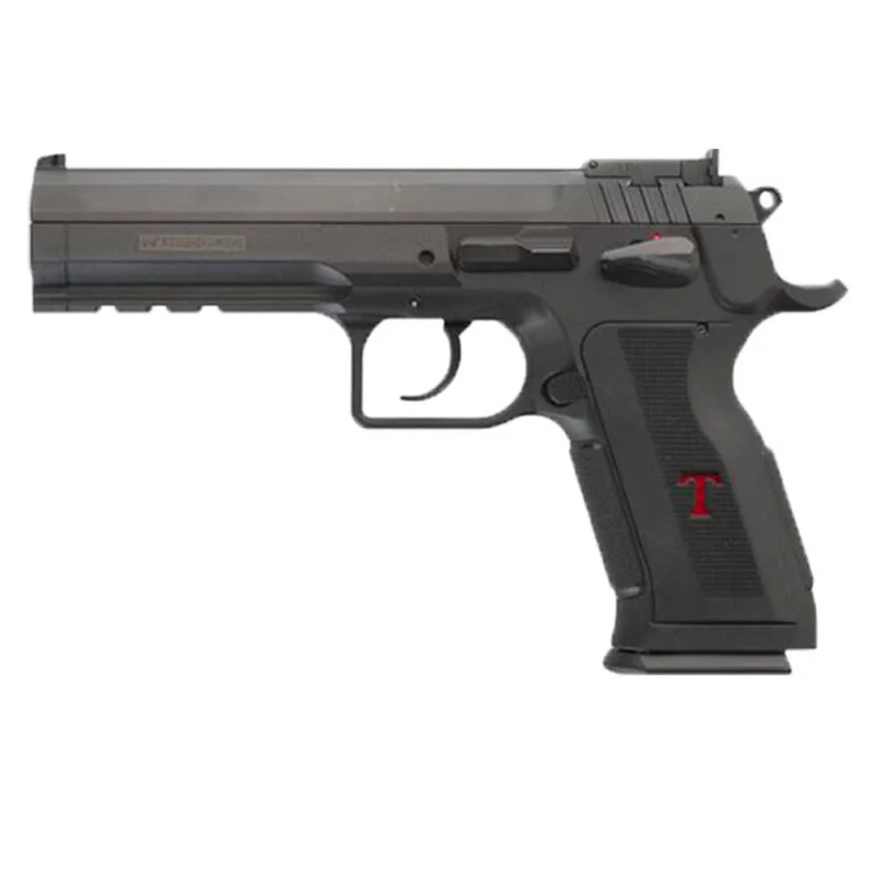 Tanfoglio Stock III 9mm full-size pistol, black polymer frame and serrated slide