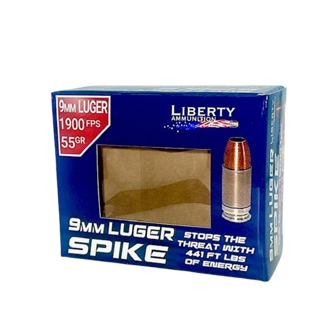 Liberty Spike 9mm Luger 55gr HP handgun ammunition box, 20 rounds